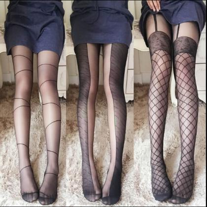 Black Pattern Print Tail Tights Stockings..