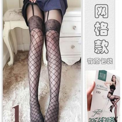 Black Pattern Print Tail Tights Stockings..