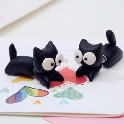 Handmade Polymer Clay Black Cat With White Eyes..