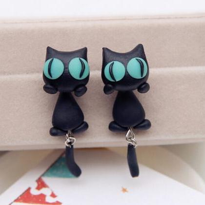 Polymer Clay Black Cat With Green E..