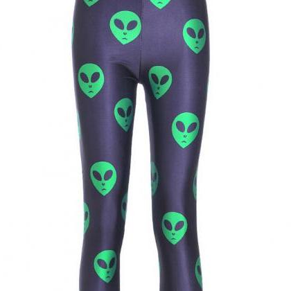 Cute Green Alien Face Emoji Printed Leggings Pants..