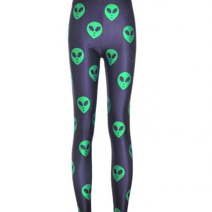 Cute Green Alien Face Emoji Printed Leggings Pants..