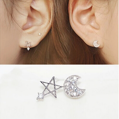 Sterling Silver Anti Allergy Moon And Star Earring,asymmetry Earrings