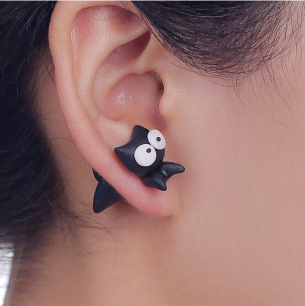Handmade Polymer Clay Black Cat With White Eyes Earring