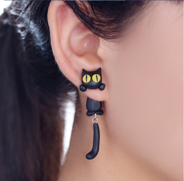 Polymer Clay Black Cat With Yellow Eyes Earring