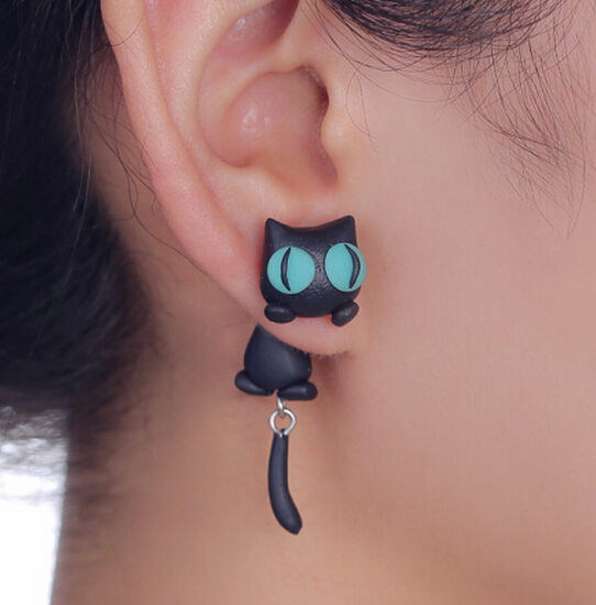 Polymer Clay Black Cat With Green Eyes Earring