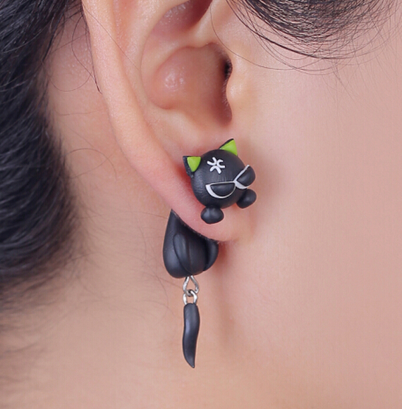 Polymer Clay Angry Black Cat Earring
