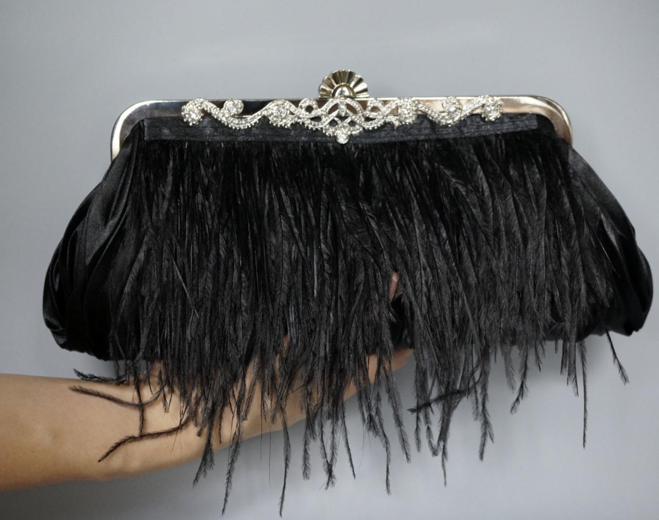 Wedding Clutch,wedding Handbag,bridal Ostrich Feather Black Clutch (nb10034)