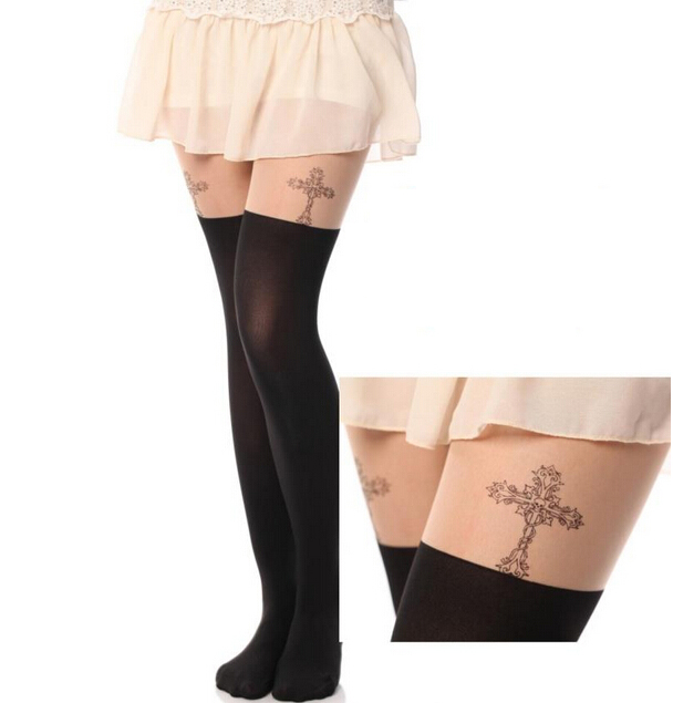 Cross Pattern Print Tail Tights Stockings Pantyhose For Spring And Summer